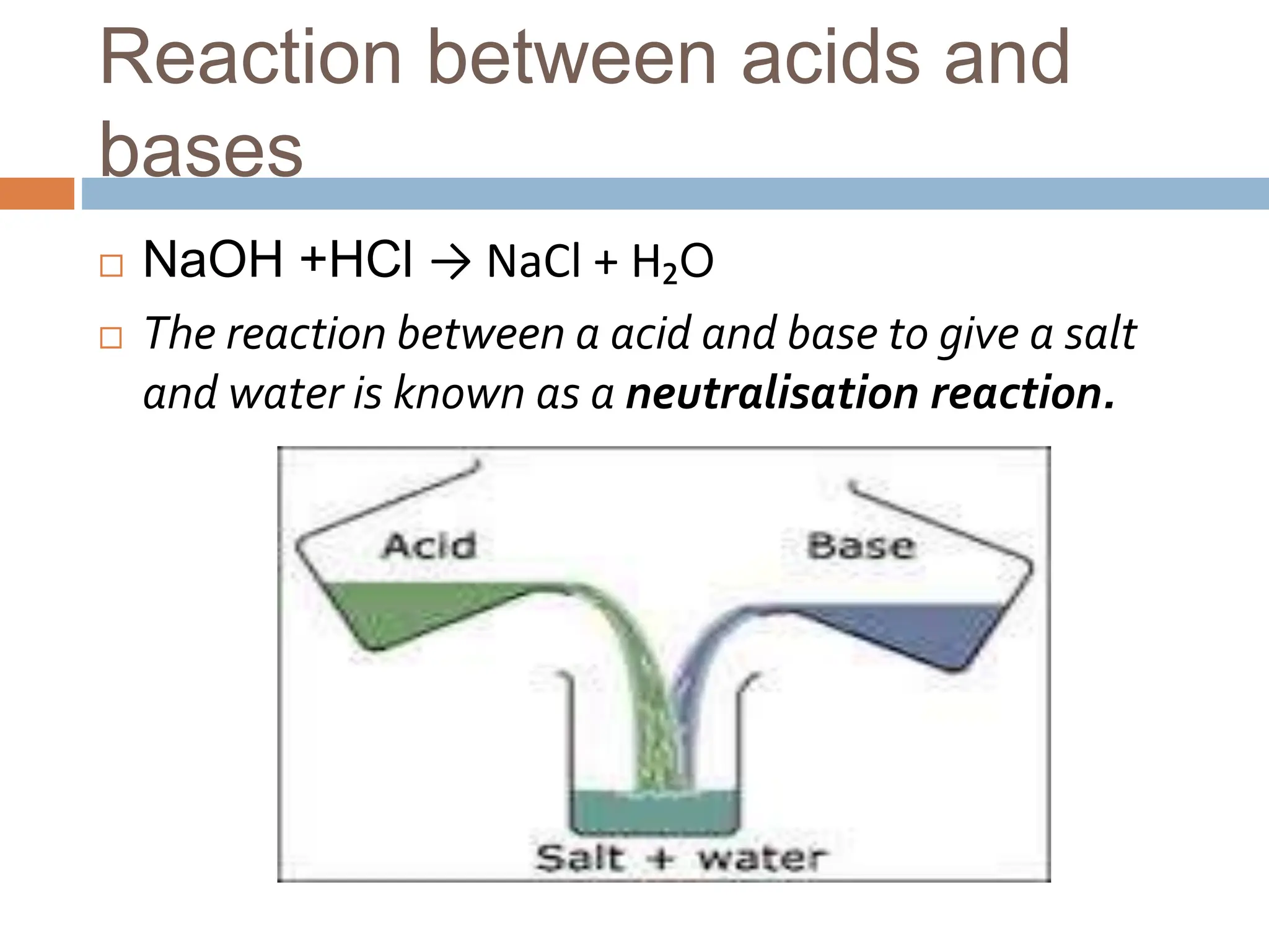 Reaction between acids and
bases
 NaOH +HCl → NaCl + H₂O
 The reaction between a acid and base to give a salt
and water is known as a neutralisation reaction.
 