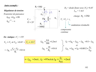 102
En statique : Ve = 15V
VD  VZ et VBE 0.6V  VS  10 V
A
R
V
V
I S
e
R 5
.
0
1
1




A
R
I
L
RL
4
.
0
10


mA
IR 2
,
1
500
6
.
0
2

 z
L
Z D
R
D
R
C I
I
I
I
I 



 1
.
0
1
et
fe
C
B
R
D
h
I
I
I
I z



 0012
.
0
2
mA
h
I
I
mA
I
mA
I
FE
C
B
C
DZ
2
et
97
,
3 




Autre exemple :
Régulateur de tension
composante
continue
DZ = diode Zener avec |VZ|=9,4V
Imin = 1 mA
C
.
DZ
T RL
Ve =
15 ± 2V
R1=10
R2
= 500
Vs =VS + vs
B .
50

 fe
FE h
h


~
1
oe
h

25
L
R
Transistor de puissance
ondulation résiduelle
IDz IC
IR2
charge:
 