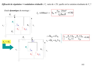 103
Efficacité de régulation  ondulation résiduelle : Ve varie de ± 2V, quelle est la variation résultante de Vs ?
vs
RL
ve
R1
R2
hie hfeib
ib
Rz
Etude dynamique du montage :
C
.
  b
fe i
h
i 

 1
  b
ie
z
s i
h
R
v 








 4
.
0
1 fe
ie
z
fe
ie
z
s
h
h
R
h
h
R
i
v
C
.
RL
ve
R1
hie hfeib
ib
Rz
vs
i
hie <<R2
 



 13
25
mA
I
mV
h
h
E
fe
ie

 mA
Ic 100
 