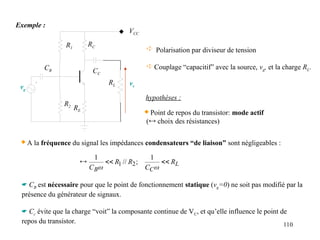110
R1
R2
RE
RC
CB
vs
vg
VCC
CC
RL
Exemple :
 A la fréquence du signal les impédances condensateurs “de liaison” sont négligeables :
L
C
B
R
C
R
R
C





1
;
//
1
2
1
hypothèses :
 Point de repos du transistor: mode actif
( choix des résistances)
 CB est nécessaire pour que le point de fonctionnement statique (vg=0) ne soit pas modifié par la
présence du générateur de signaux.
 Cc évite que la charge “voit” la composante continue de VC, et qu’elle influence le point de
repos du transistor.
 Polarisation par diviseur de tension
 Couplage “capacitif” avec la source, vg, et la charge RL.
 