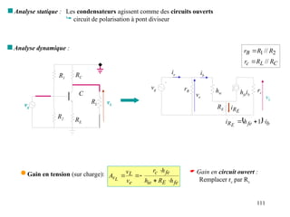 111
 Analyse statique : Les condensateurs agissent comme des circuits ouverts
 circuit de polarisation à pont diviseur
 Analyse dynamique :
2
1 // R
R
rB 
C
L
c R
R
r //

vg rB hie hfeib
ie
ve
rc
ib
RE
  b
fe
R i
h
i E


 1
E
R
i
R1
R2 RE
RC
vL
vg
C
RL
 Gain en tension (sur charge):
fe
E
ie
fe
c
e
L
v
h
R
h
h
r
v
v
A L 





 Gain en circuit ouvert :
Remplacer rc par Rc
vL
 