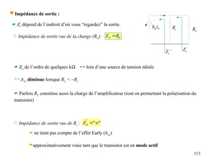 113
 Impédance de sortie :
 ne tient pas compte de l’effet Early (hoe)
approximativement vraie tant que le transistor est en mode actif
c
s R
Z 
 Impédance de sortie vue de la charge (RL):
hfeib Rc
Zs
RL
 Zs de l’ordre de quelques k loin d’une source de tension idéale
 AvL diminue lorsque RL < ~Rc
 Zs dépend de l’endroit d’où vous “regardez” la sortie.
 Parfois RC constitue aussi la charge de l’amplificateur (tout en permettant la polarisation du
transistor)
 Impédance de sortie vue de Rc :
Zs’
"
"
'


s
Z
 