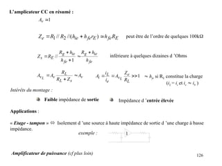 126
L’amplicateur CC en résumé :
Intérêts du montage :
Faible impédance de sortie Impédance d ’entrée élevée
1

v
A
E
fe
E
fe
ie
e R
h
r
h
h
R
R
Z 

 )
//(
// 2
1 peut être de l’ordre de quelques 100k
fe
ie
g
fe
ie
g
E
s
h
h
R
h
h
R
R
Z





1
// inférieure à quelques dizaines d ’Ohms
v
s
L
L
v
v A
Z
R
R
A
A L


 1



L
e
v
e
L
i
R
Z
A
i
i
A L
 hfe si RE constitue la charge
(iL = ic et ie  ib )
Applications :
« Etage - tampon »  Isolement d ’une source à haute impédance de sortie d ’une charge à basse
impédance.
1
exemple :
Amplificateur de puissance (cf plus loin)
 