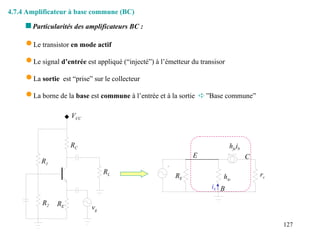 127
 Le transistor en mode actif
 Le signal d’entrée est appliqué (“injecté”) à l’émetteur du transisor
 La sortie est “prise” sur le collecteur
 La borne de la base est commune à l’entrée et à la sortie  ”Base commune”
 Particularités des amplificateurs BC :
4.7.4 Amplificateur à base commune (BC)
VCC
vg
RL
RE
RC
R1
R2
hie
hfeib
ib
rc
RE
E C
B
 