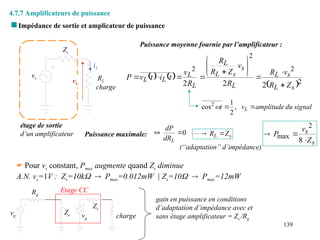 139
 Impédance de sortie et amplicateur de puissance
 Pour vs constant, Pmax augmente quand Zs diminue
A.N. vs=1V : Zs=10kPmax=0.012mW | Zs=10Pmax=12mW
Puissance maximale: 0


L
dR
dP
s
L Z
R 


s
s
Z
v
P



8
2
max
(“adaptation” d’impédance)
Puissance moyenne fournie par l’amplificateur :
   
 2
2
2
2
2
2
2 s
L
s
L
L
s
s
L
L
L
L
L
L
Z
R
v
R
R
v
Z
R
R
R
v
t
i
t
v
P
















signal
du
amplitude
v
t L
,
2
1
cos2



4.7.7 Amplificateurs de puissance
vs
Zs
RL
étage de sortie
d’un amplificateur
charge
iL
vL
Ze
Zs
Rg
vg charge
vg
gain en puissance en conditions
d’adaptation d’impédance avec et
sans étage amplificateur = Zs /Rg
Etage CC
 
