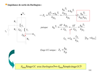 141
   
CC
étage
simple
avec
CC
étage max
max P
Darlington
P 
 Impédance de sortie du Darlington :
2
1
2
1
1
2
1
2
2
2
1 fe
fe
T
ie
fe
T
ie
fe
T
ie
fe
T
ie
T
s
s
h
h
h
h
h
h
h
h
h
Z
Z 





puisque
2
2
2
1
1
1
fe
T
ie
E
E
fe
T
ie
h
h
I
e
kT
I
e
h
kT
h 





Vcc
vg
R1
R2
RE
T2
T1
vs
1
1
1
2
fe
E
B
E
h
I
I
I 

2
E
I
1
E
I
Etage CC unique :
fe
ie
s
h
h
Z 
 
FE
fe h
h 
 