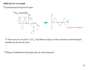 147
Difficultés de cet exemple
IC
VCE
t
ICsat
trop faible
Q
BE
V
transistors bloqués
t
 Risque d’emballement thermique (pas de contre-réaction)
 positionnement du point de repos
 Distorsion de croisement : Si VBE trop faible au repos, les deux transistors seront bloquées
pendant une fraction du cycle.
 