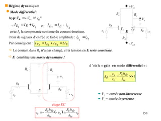 150
 Régime dynamique:
 Mode différentiel:
étage EC
  e
ie
fe
c
e
ie
fe
c
s v
h
h
R
v
h
h
R
v 



 Le courant dans RE n’a pas changé, et la tension en E reste constante.
 E constitue une masse dynamique !
B
R
B
R
Rc Rc
e
v e
v

vs
E
d ’où le « gain en mode différentiel » :
1



ie
fe
c
e
s
d
h
h
R
v
v
A
 V+ = entrée non-inverseuse
 V- = entrée inverseuse
"
" e
v
V
V 

 

hyp:
 1
1 e
E
E i
I
I 
 et 2
2 e
E
E i
I
I 

avec IE la composante continue du courant émetteur.
Par conséquent : E
E
E
R I
I
I
I E
2
2
1



+Vcc
Rc Rc
RE
-VEE

V

V
B
R
B
R
T1 T2
E
Vs
Pour de signaux d’entrée de faible amplitude :
2
1
e
e i
i 
 