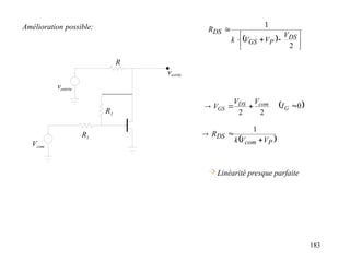 183
 
P
com
DS
V
V
k
R



1
Amélioration possible:
ventrée
vsortie
Vcom
R
R1
R1 2
2
com
DS
GS
V
V
V 

  
0

G
I
 Linéarité presque parfaite
  










2
DS
P
GS
DS
V
V
V
k
R
 