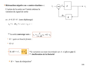 188
A
B
ve vs
e
B.
vs
Rétroaction négative ou « contre-réaction » :
L’action de la sortie sur l’entrée atténue la
variation du signal de sortie




 s
s
s v
e
Bv
v
ex: A>0, B >0 (sans déphasage)
 la sortie converge vers : e
e
s v
G
v
AB
A
v 



1
• G = gain en boucle fermée :
• G<A
• Si AB >>1 ,
B
G
1
 la variation ou toute incertitude sur A n’affecte pas G.
 Amélioration de la linéarité
 B = “taux de réinjection”
 