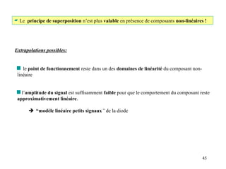 45
 Le principe de superposition n’est plus valable en présence de composants non-linéaires !
Extrapolations possibles:
 le point de fonctionnement reste dans un des domaines de linéarité du composant non-
linéaire
 l’amplitude du signal est suffisamment faible pour que le comportement du composant reste
approximativement linéaire.
 “modèle linéaire petits signaux” de la diode
 