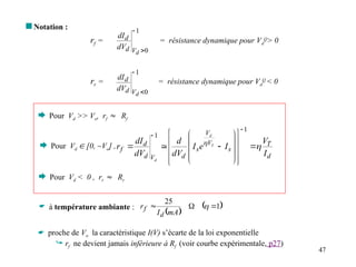47
 Notation :
rf = = résistance dynamique pour Vd
Q
> 0
rr = = résistance dynamique pour Vd
Q
< 0
1
0


d
V
d
d
dV
dI
1
0


d
V
d
d
dV
dI
 à température ambiante :
 
 
1
25


 
mA
I
r
d
f
 Pour Vd >> Vo, rf  Rf
 Pour Vd < 0 , rr  Rr
 Pour Vd  [0, ~Vo] ,
d
T
s
V
V
s
d
V
d
d
f
I
V
I
e
I
dV
d
dV
dI
r T
d
d




























1
1
 proche de Vo la caractéristique I(V) s’écarte de la loi exponentielle
 rf ne devient jamais inférieure à Rf (voir courbe expérimentale, p27)
 