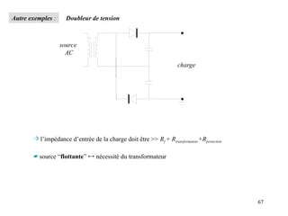 67
 l’impédance d’entrée de la charge doit être >> Rf + Rtransformateur+Rprotection
source “flottante”  nécessité du transformateur
charge
source
AC
Autre exemples : Doubleur de tension
 