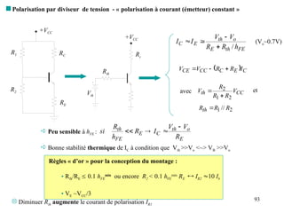 93
 Polarisation par diviseur de tension - « polarisation à courant (émetteur) constant »
R1
R2
RE
RC
+VCC
 Peu sensible à hFE :
 Bonne stabilité thermique de IC à condition que Vth >>Vo <~> VB >>Vo
E
o
th
C
E
FE
th
R
V
V
I
R
h
R
si




+VCC
Vth
Rth
Rc
  C
E
C
CC
CE I
R
R
V
V 


CC
th V
R
R
R
V
2
1
2


2
1 // R
R
Rth 
avec et
FE
th
E
o
th
E
C
h
R
R
V
V
I
I
/



 (Vo~0.7V)
Règles « d’or » pour la conception du montage :
• Rth/RE  0.1 hFE
min
ou encore R2 < 0.1 hFE
min
RE  IR2 10 Ib
• VE ~VCC/3
 Diminuer Rth augmente le courant de polarisation IR1
 