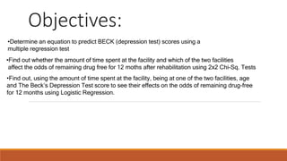 Objectives:
•Determine an equation to predict BECK (depression test) scores using a
multiple regression test
•Find out whether the amount of time spent at the facility and which of the two facilities
affect the odds of remaining drug free for 12 moths after rehabilitation using 2x2 Chi-Sq. Tests
•Find out, using the amount of time spent at the facility, being at one of the two facilities, age
and The Beck’s Depression Test score to see their effects on the odds of remaining drug-free
for 12 months using Logistic Regression.
 
