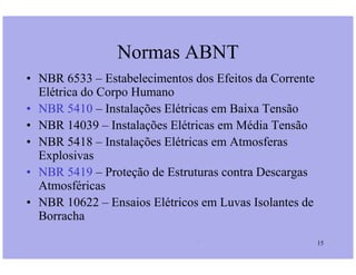 Normas ABNT
• NBR 6533 – Estabelecimentos dos Efeitos da Corrente
Elétrica do Corpo Humano
• NBR 5410 – Instalações Elétricas em Baixa Tensão
• NBR 14039 – Instalações Elétricas em Média Tensão
• NBR 5418 – Instalações Elétricas em Atmosferas
Prof. Martins/07 15
• NBR 5418 – Instalações Elétricas em Atmosferas
Explosivas
• NBR 5419 – Proteção de Estruturas contra Descargas
Atmosféricas
• NBR 10622 – Ensaios Elétricos em Luvas Isolantes de
Borracha
 