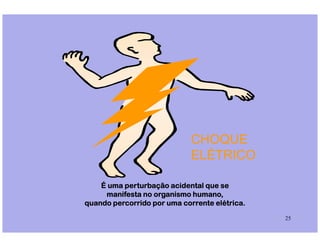 25
É uma perturbação acidental que se
manifesta no organismo humano,
quando percorrido por uma corrente elétrica.
CHOQUE
ELÉTRICO
 