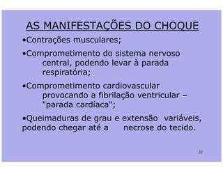 AS MANIFESTAÇÕES DO CHOQUE
•Contrações musculares;
•Comprometimento do sistema nervoso
central, podendo levar à parada
respiratória;
•Comprometimento cardiovascular
32
•Comprometimento cardiovascular
provocando a fibrilação ventricular –
"parada cardíaca";
•Queimaduras de grau e extensão variáveis,
podendo chegar até a necrose do tecido.
 