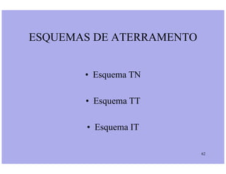 ESQUEMAS DE ATERRAMENTO
• Esquema TN
62
• Esquema TT
• Esquema IT
 