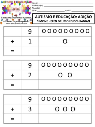 Escola: ____________________________________________________
Professor (a): _______________________________________________
Aluno (a): __________________________________________________
Série: __________________________ Turma: ____________________
AUTISMO E EDUCAÇÃO: ADIÇÃO
SIMONE HELEN DRUMOND ISCHKANIAN
9 O O O O O O O O O
+ 2 O O
=
9 O O O O O O O O O
+ 3 O O O
=
9 O O O O O O O O O
+ 1 O
=
 