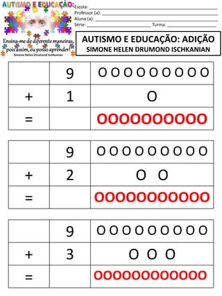 Escola: ____________________________________________________
Professor (a): _______________________________________________
Aluno (a): __________________________________________________
Série: __________________________ Turma: ____________________
AUTISMO E EDUCAÇÃO: ADIÇÃO
SIMONE HELEN DRUMOND ISCHKANIAN
9 O O O O O O O O O
+ 2 O O
= OOOOOOOOOOO
9 O O O O O O O O O
+ 3 O O O
= OOOOOOOOOOOO
9 O O O O O O O O O
+ 1 O
= OOOOOOOOOO
 