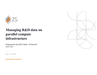 Managing R&D data on
parallel compute
infrastructure
Prepared for the 2021 Data + AI Summit
April 6, 2021
Boston +1 617 557 5800
 