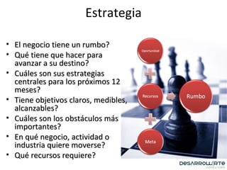 Estrategia El negocio tiene un rumbo? Qué tiene que hacer para avanzar a su destino? Cuáles son sus estrategias centrales para los próximos 12 meses? Tiene objetivos claros, medibles, alcanzables? Cuáles son los obstáculos más importantes? En qué negocio, actividad o industria quiere moverse? Qué recursos requiere? 