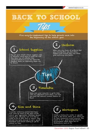 www.kagiso.co.za
December 2015 Kagiso Trust InBrief | 35
BACK TO SCHOOL
TipsTips
Five easy-to-implement tips to help parents ease into
the beginning of the school year.
Tips
School Supplies
Buy all your child’s school supplies well
in advance; don’t leave it until the last
day. Make use of websites like
www.pricecheck.co.za to see where the
cheapest deals on stationery items can
be found.
1
Timetable
Make sure your calendar is up-to-date
with any important term dates, and that
you have the school’s contact details to
hand
3
Rise and Shine
Consider enforcing earlier bed times
and wake-up times as the start of the
school year approaches. Children should
always have adequate rest and diet in
order to be at their best in school. They
should rise early enough to eat a good
breakfast and avoid rushing to get to
school on time.
4
Workspace
Create a homework center or specific
area in the house where your child can
do their homework every evening. This
needs to be a quiet and productive
environment where there are no
distractions such as TV.
5
Uniform
Make sure any items of uniform that
you already have are stain-free,
washed and ironed. This will make
your mornings less hectic.
2
 
