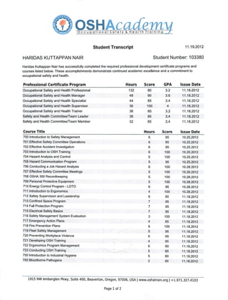 OSHA certificate Haridas