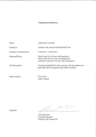 Employment reference Namika Finland 1
