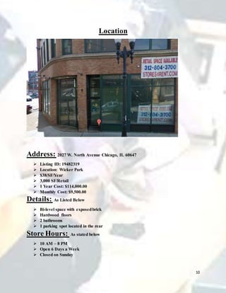 10
Location
Address: 2027 W. North Avenue Chicago, IL 60647
 Listing ID: 19482319
 Location: Wicker Park
 $38/SF/Year
 3,000 SF/Retail
 1 Year Cost: $114,000.00
 Monthly Cost: $9,500.00
Details: As Listed Below
 Bi-level space with exposedbrick
 Hardwood floors
 2 bathrooms
 1 parking spot located in the rear
Store Hours: As stated below
 10 AM – 8 PM
 Open 6 Days a Week
 Closed on Sunday
 