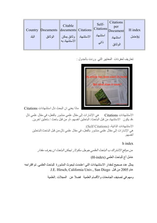Country
‫البلد‬
Documents
‫الوثائق‬
Citable
documents
‫يمكن‬ ‫وثائق‬
‫به‬ ‫االستشهاد‬
Citations
‫االستشهاد‬
Self-
Citations
‫استشهاد‬
‫ذاتي‬
Citations
per
Document
‫استشهاد‬
‫الوثائق‬
H index
‫عامل‬hi
‫وردت‬ ‫التي‬ ‫المعايير‬ ‫لمفردات‬ ‫تعاريف‬: ‫بالجدول‬
‫استشهاد‬ ‫نال‬ ‫البحث‬ ‫ان‬ ‫يعني‬ ‫ماذا‬‫ات‬Citations
‫االستشهاد‬‫ات‬Citations‫هي‬‫اإلشارات‬‫إلى‬‫مقال‬‫علمي‬‫منشور‬,‫بالفعل‬‫في‬‫مقال‬‫علمي‬ٍ‫تال‬
‫يكون‬ ‫,قد‬‫من‬ ‫االستشهاد‬‫قبل‬‫الباحث‬/‫الباحثين‬‫,أو‬ ‫أنفسهم‬‫من‬‫قبل‬‫باحث‬/‫باحثين‬‫آخرين‬.
‫االستشهادات‬‫الذاتية‬:(Self Citations) -
‫هي‬‫اإلشارات‬‫إلى‬‫مقال‬‫علمي‬‫منشور‬,‫بالفعل‬‫في‬‫مقال‬‫علمي‬‫,من‬ٍ‫تال‬‫قبل‬‫الباحث‬/‫الباحثين‬
‫أنفسهم‬.
h index
‫ب‬ ‫االشتراك‬ ‫موقع‬ ‫من‬‫العلمي‬ ‫الباحث‬‫سكوالر‬ ‫جوجل‬‫ت‬‫مقدار‬ ‫يعرف‬ ‫ان‬ ‫الباحث‬ ‫يمكن‬
‫أج‬ ‫عامل‬‫العلمي‬ ‫للباحث‬((H-index
‫لمقدار‬ ‫صحيح‬ ‫عدد‬ ‫يمثل‬‫االستشهادات‬‫اقتراحه‬ ‫تم‬ .‫العلمي‬ ‫للباحث‬ ‫المشورة‬ ‫لبحوث‬ ‫اعتمدت‬ ‫التي‬
‫عام‬4112‫قبل‬ ‫من‬J.E. Hirsch, California Univ., San Diego
‫ومهم‬‫.العلمية‬ ‫المجالت‬ ‫عن‬ ‫فضال‬ ‫العلمية‬ ‫واألقسام‬ ‫الجامعات‬ ‫تصنيف‬ ‫في‬
 
