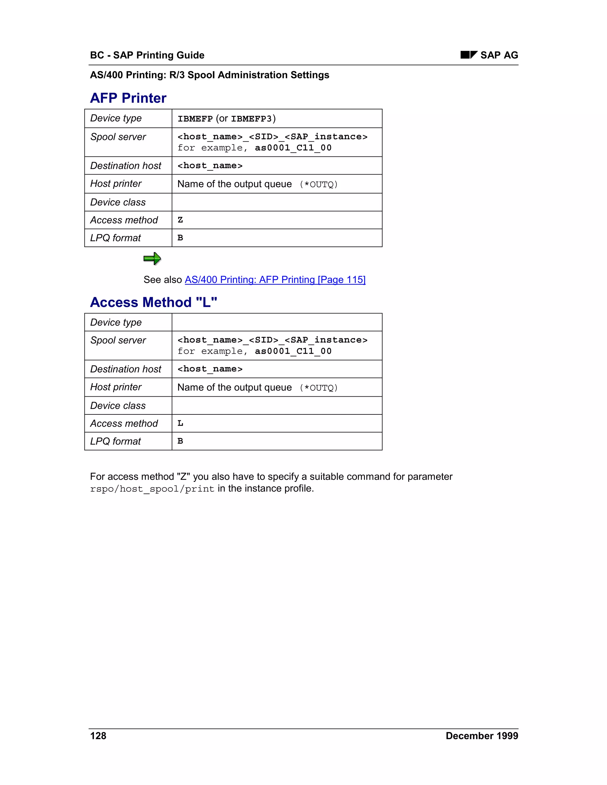BC - SAP Printing Guide                                                            SAP AG
AS/400 Printing: R/3 Spool Administration Settings

AFP Printer
Device type           IBMEFP (or IBMEFP3)
Spool server          <host_name>_<SID>_<SAP_instance>
                      for example, as0001_C11_00
Destination host      <host_name>
Host printer          Name of the output queue (*OUTQ)
Device class
Access method         Z
LPQ format            B



               See also AS/400 Printing: AFP Printing [Page 115]

Access Method "L"
Device type
Spool server          <host_name>_<SID>_<SAP_instance>
                      for example, as0001_C11_00
Destination host      <host_name>
Host printer          Name of the output queue (*OUTQ)
Device class
Access method         L
LPQ format            B


For access method "Z" you also have to specify a suitable command for parameter
rspo/host_spool/print in the instance profile.




128                                                                          December 1999
 