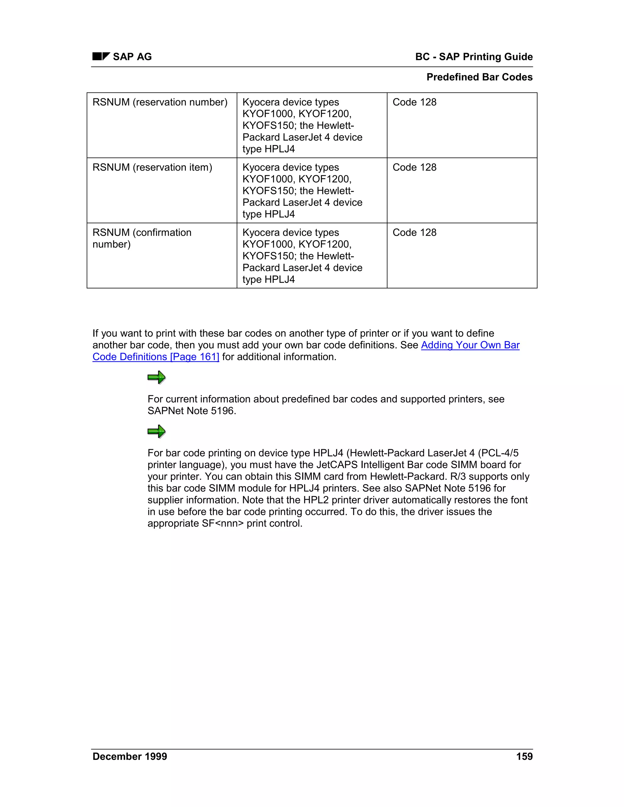 SAP AG                                                             BC - SAP Printing Guide
                                                                          Predefined Bar Codes

RSNUM (reservation number)      Kyocera device types              Code 128
                                KYOF1000, KYOF1200,
                                KYOFS150; the Hewlett-
                                Packard LaserJet 4 device
                                type HPLJ4
RSNUM (reservation item)        Kyocera device types              Code 128
                                KYOF1000, KYOF1200,
                                KYOFS150; the Hewlett-
                                Packard LaserJet 4 device
                                type HPLJ4
RSNUM (confirmation             Kyocera device types              Code 128
number)                         KYOF1000, KYOF1200,
                                KYOFS150; the Hewlett-
                                Packard LaserJet 4 device
                                type HPLJ4




If you want to print with these bar codes on another type of printer or if you want to define
another bar code, then you must add your own bar code definitions. See Adding Your Own Bar
Code Definitions [Page 161] for additional information.



           For current information about predefined bar codes and supported printers, see
           SAPNet Note 5196.



           For bar code printing on device type HPLJ4 (Hewlett-Packard LaserJet 4 (PCL-4/5
           printer language), you must have the JetCAPS Intelligent Bar code SIMM board for
           your printer. You can obtain this SIMM card from Hewlett-Packard. R/3 supports only
           this bar code SIMM module for HPLJ4 printers. See also SAPNet Note 5196 for
           supplier information. Note that the HPL2 printer driver automatically restores the font
           in use before the bar code printing occurred. To do this, the driver issues the
           appropriate SF<nnn> print control.




December 1999                                                                                 159
 