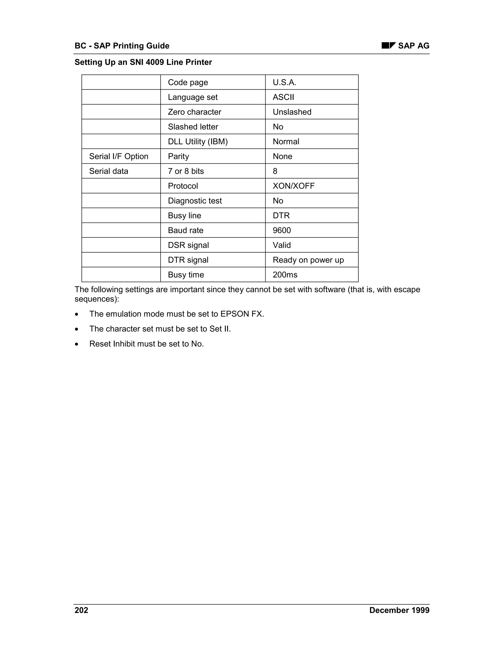 BC - SAP Printing Guide                                                                   SAP AG
Setting Up an SNI 4009 Line Printer

                            Code page                  U.S.A.
                            Language set               ASCII
                            Zero character             Unslashed
                            Slashed letter             No
                            DLL Utility (IBM)          Normal
      Serial I/F Option     Parity                     None
      Serial data           7 or 8 bits                8
                            Protocol                   XON/XOFF
                            Diagnostic test            No
                            Busy line                  DTR
                            Baud rate                  9600
                            DSR signal                 Valid
                            DTR signal                 Ready on power up
                            Busy time                  200ms
The following settings are important since they cannot be set with software (that is, with escape
sequences):
•     The emulation mode must be set to EPSON FX.
•     The character set must be set to Set II.
•     Reset Inhibit must be set to No.




202                                                                               December 1999
 
