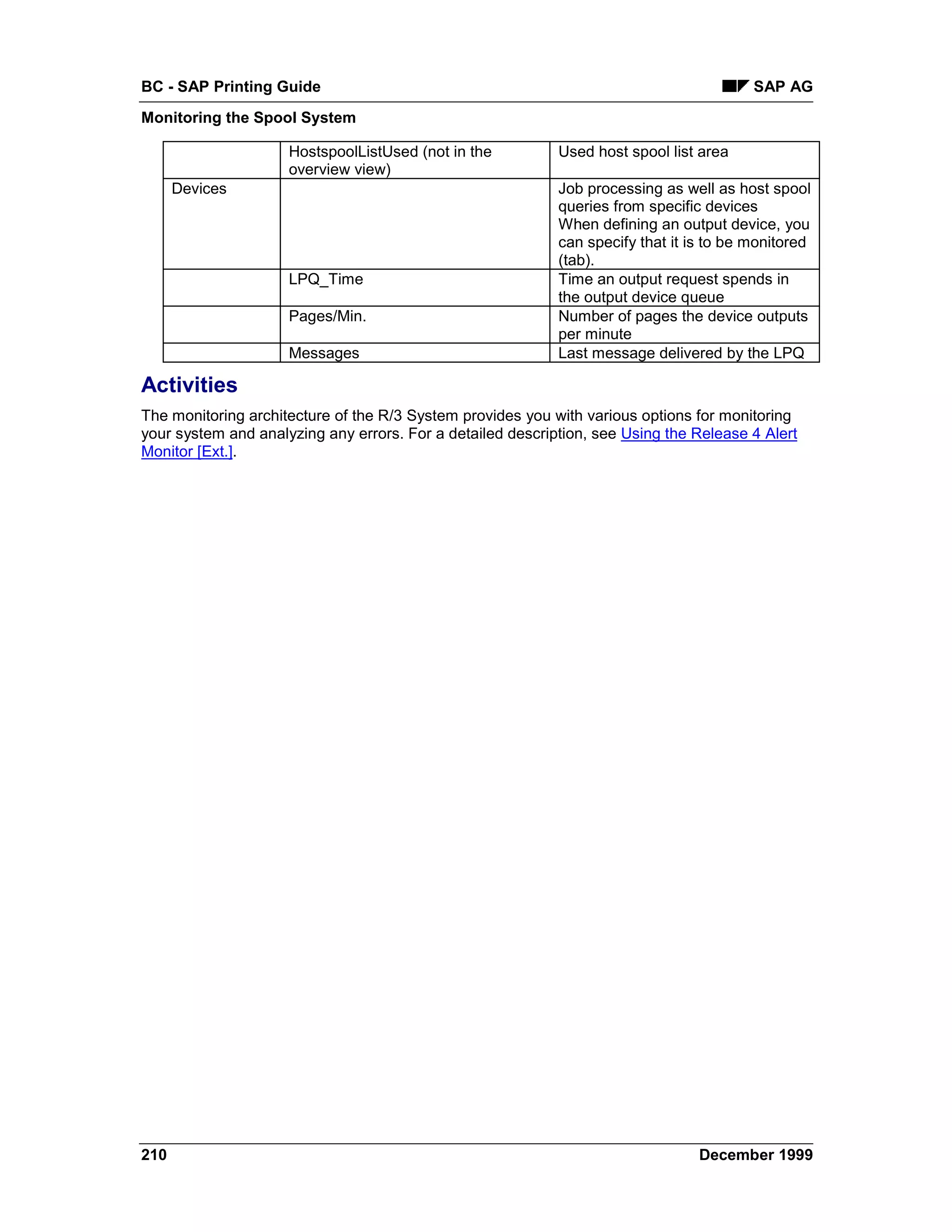 BC - SAP Printing Guide                                                                  SAP AG
Monitoring the Spool System

                     HostspoolListUsed (not in the          Used host spool list area
                     overview view)
      Devices                                               Job processing as well as host spool
                                                            queries from specific devices
                                                            When defining an output device, you
                                                            can specify that it is to be monitored
                                                            (tab).
                     LPQ_Time                               Time an output request spends in
                                                            the output device queue
                     Pages/Min.                             Number of pages the device outputs
                                                            per minute
                     Messages                               Last message delivered by the LPQ

Activities
The monitoring architecture of the R/3 System provides you with various options for monitoring
your system and analyzing any errors. For a detailed description, see Using the Release 4 Alert
Monitor [Ext.].




210                                                                              December 1999
 