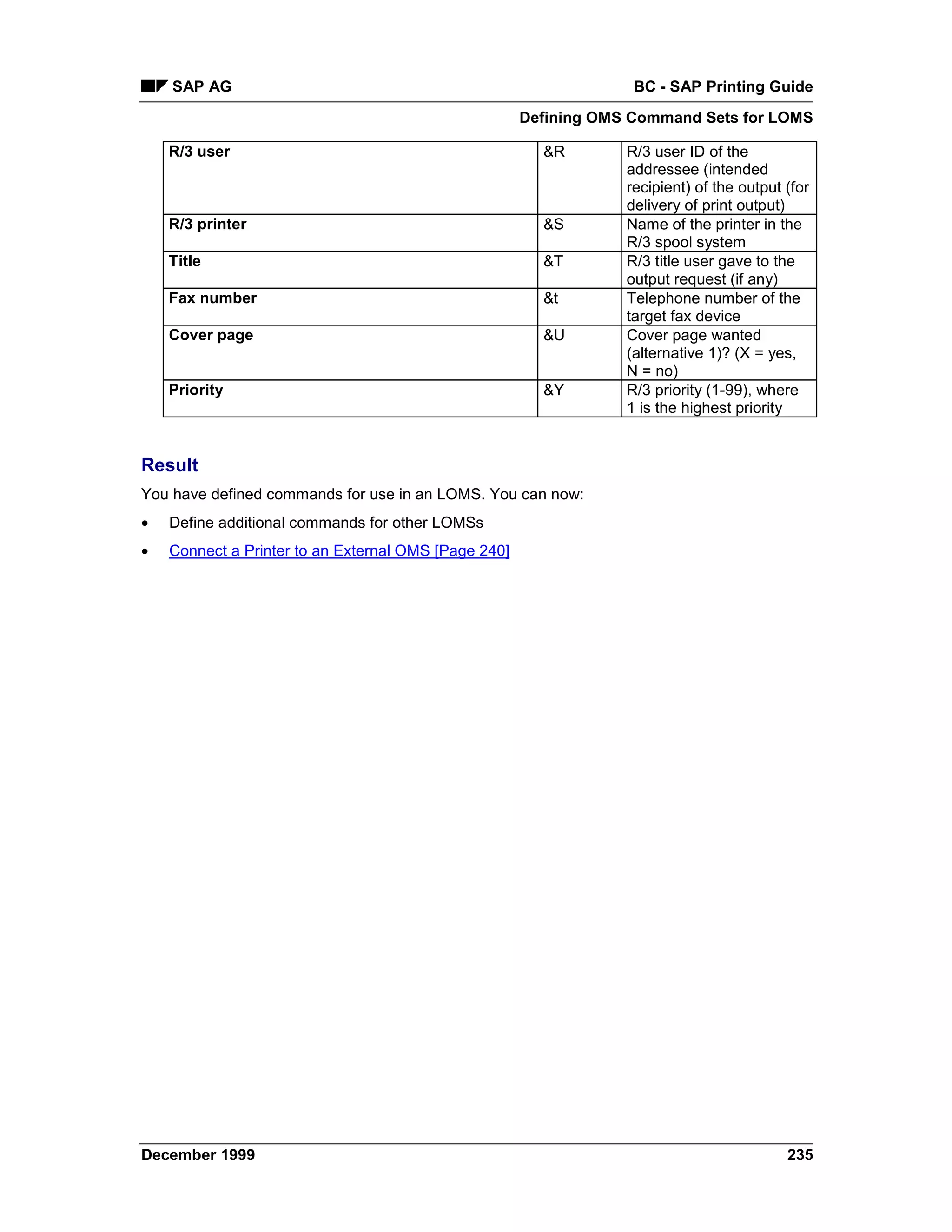 SAP AG                                                         BC - SAP Printing Guide
                                                      Defining OMS Command Sets for LOMS

    R/3 user                                            &R        R/3 user ID of the
                                                                  addressee (intended
                                                                  recipient) of the output (for
                                                                  delivery of print output)
    R/3 printer                                         &S        Name of the printer in the
                                                                  R/3 spool system
    Title                                               &T        R/3 title user gave to the
                                                                  output request (if any)
    Fax number                                          &t        Telephone number of the
                                                                  target fax device
    Cover page                                          &U        Cover page wanted
                                                                  (alternative 1)? (X = yes,
                                                                  N = no)
    Priority                                            &Y        R/3 priority (1-99), where
                                                                  1 is the highest priority


Result
You have defined commands for use in an LOMS. You can now:
•   Define additional commands for other LOMSs
•   Connect a Printer to an External OMS [Page 240]




December 1999                                                                              235
 