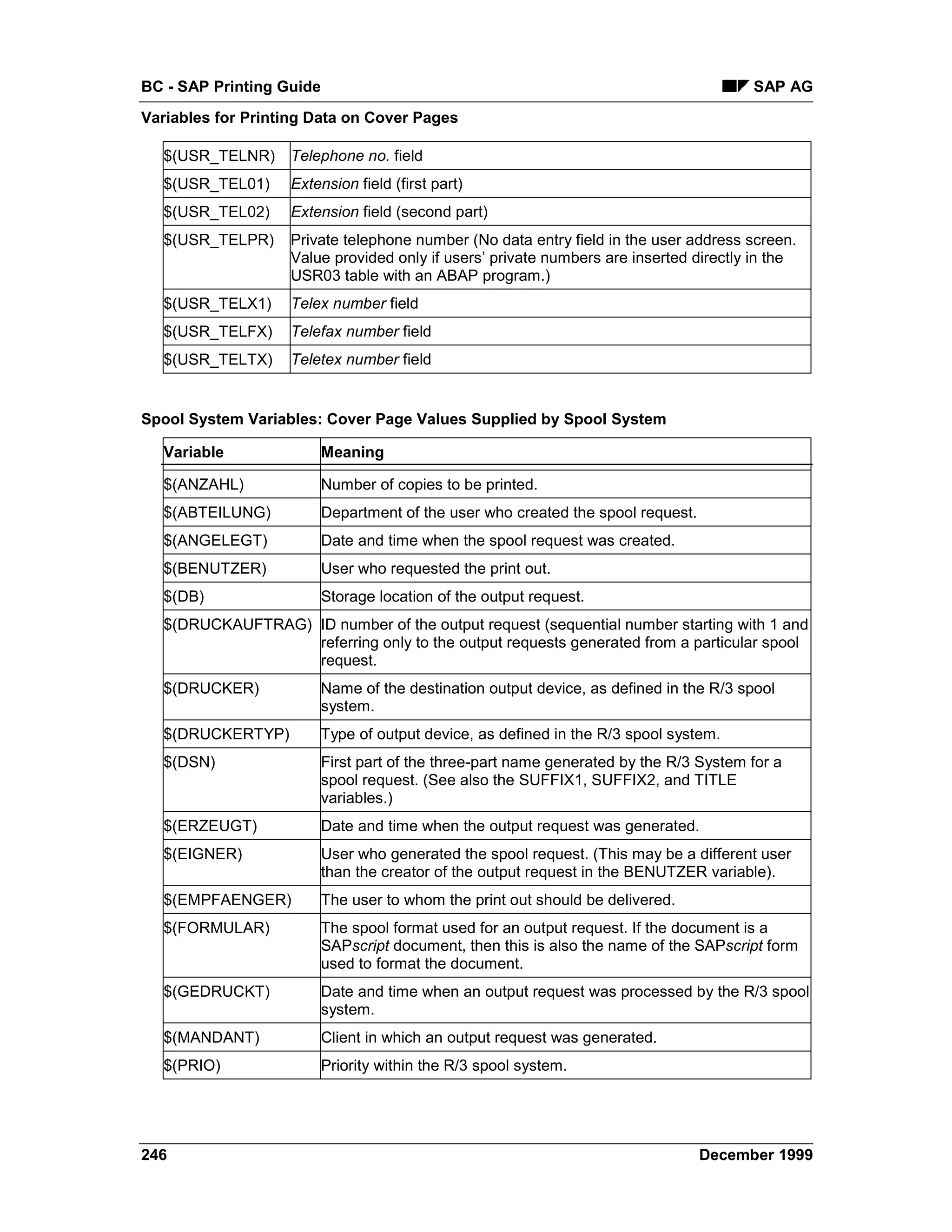 BC - SAP Printing Guide                                                                 SAP AG
Variables for Printing Data on Cover Pages

  $(USR_TELNR)     Telephone no. field
  $(USR_TEL01)     Extension field (first part)
  $(USR_TEL02)     Extension field (second part)
  $(USR_TELPR)     Private telephone number (No data entry field in the user address screen.
                   Value provided only if users’ private numbers are inserted directly in the
                   USR03 table with an ABAP program.)
  $(USR_TELX1)     Telex number field
  $(USR_TELFX)     Telefax number field
  $(USR_TELTX)     Teletex number field


Spool System Variables: Cover Page Values Supplied by Spool System

  Variable                Meaning

  $(ANZAHL)               Number of copies to be printed.
  $(ABTEILUNG)            Department of the user who created the spool request.
  $(ANGELEGT)             Date and time when the spool request was created.
  $(BENUTZER)             User who requested the print out.
  $(DB)                   Storage location of the output request.
  $(DRUCKAUFTRAG) ID number of the output request (sequential number starting with 1 and
                  referring only to the output requests generated from a particular spool
                  request.
  $(DRUCKER)           Name of the destination output device, as defined in the R/3 spool
                       system.
  $(DRUCKERTYP)        Type of output device, as defined in the R/3 spool system.
  $(DSN)                  First part of the three-part name generated by the R/3 System for a
                          spool request. (See also the SUFFIX1, SUFFIX2, and TITLE
                          variables.)
  $(ERZEUGT)              Date and time when the output request was generated.
  $(EIGNER)               User who generated the spool request. (This may be a different user
                          than the creator of the output request in the BENUTZER variable).
  $(EMPFAENGER)           The user to whom the print out should be delivered.
  $(FORMULAR)          The spool format used for an output request. If the document is a
                       SAPscript document, then this is also the name of the SAPscript form
                       used to format the document.
  $(GEDRUCKT)          Date and time when an output request was processed by the R/3 spool
                       system.
  $(MANDANT)              Client in which an output request was generated.
  $(PRIO)                 Priority within the R/3 spool system.




246                                                                               December 1999
 