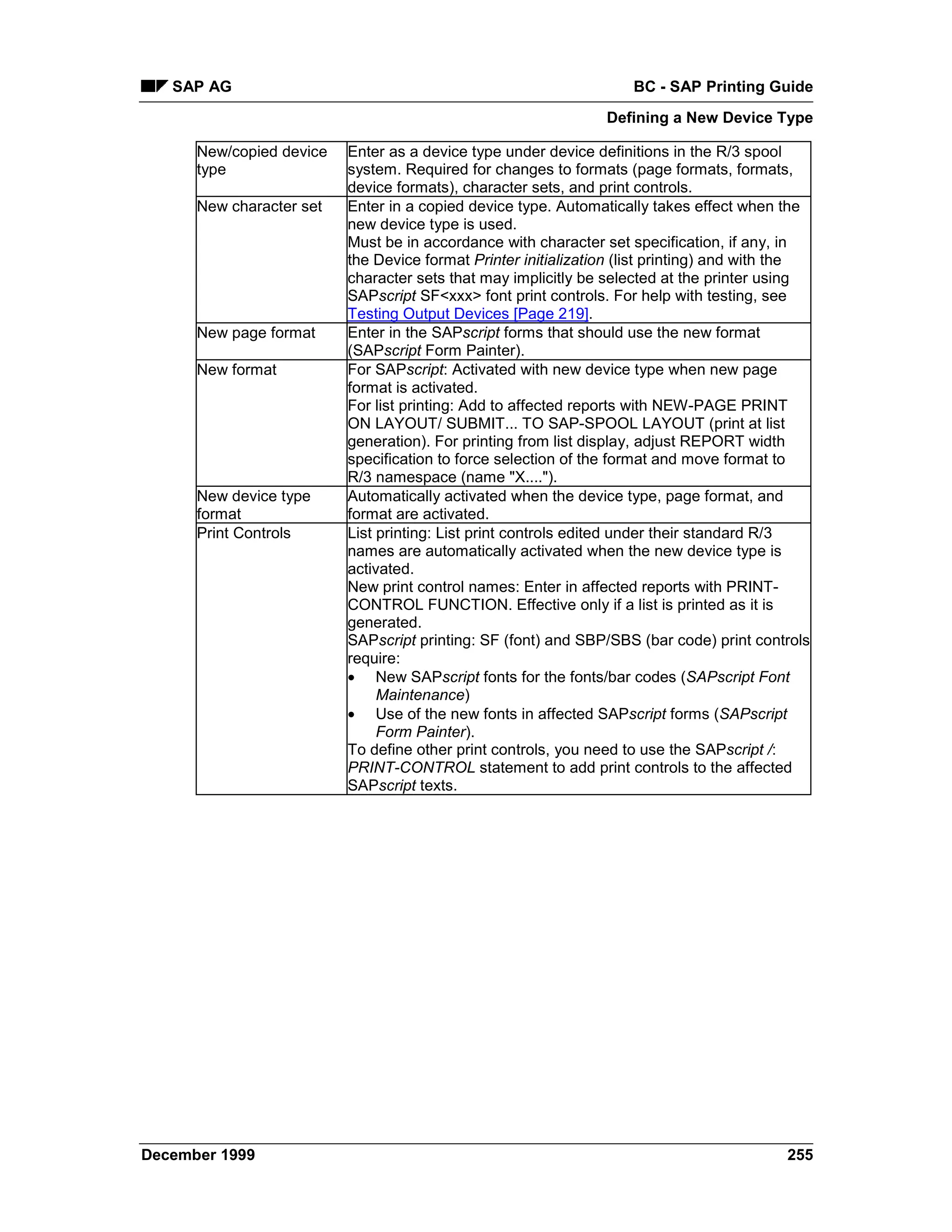 SAP AG                                                           BC - SAP Printing Guide
                                                                Defining a New Device Type

      New/copied device   Enter as a device type under device definitions in the R/3 spool
      type                system. Required for changes to formats (page formats, formats,
                          device formats), character sets, and print controls.
      New character set   Enter in a copied device type. Automatically takes effect when the
                          new device type is used.
                          Must be in accordance with character set specification, if any, in
                          the Device format Printer initialization (list printing) and with the
                          character sets that may implicitly be selected at the printer using
                          SAPscript SF<xxx> font print controls. For help with testing, see
                          Testing Output Devices [Page 219].
      New page format     Enter in the SAPscript forms that should use the new format
                          (SAPscript Form Painter).
      New format          For SAPscript: Activated with new device type when new page
                          format is activated.
                          For list printing: Add to affected reports with NEW-PAGE PRINT
                          ON LAYOUT/ SUBMIT... TO SAP-SPOOL LAYOUT (print at list
                          generation). For printing from list display, adjust REPORT width
                          specification to force selection of the format and move format to
                          R/3 namespace (name "X....").
      New device type     Automatically activated when the device type, page format, and
      format              format are activated.
      Print Controls      List printing: List print controls edited under their standard R/3
                          names are automatically activated when the new device type is
                          activated.
                          New print control names: Enter in affected reports with PRINT-
                          CONTROL FUNCTION. Effective only if a list is printed as it is
                          generated.
                          SAPscript printing: SF (font) and SBP/SBS (bar code) print controls
                          require:
                          • New SAPscript fonts for the fonts/bar codes (SAPscript Font
                               Maintenance)
                          • Use of the new fonts in affected SAPscript forms (SAPscript
                               Form Painter).
                          To define other print controls, you need to use the SAPscript /:
                          PRINT-CONTROL statement to add print controls to the affected
                          SAPscript texts.




December 1999                                                                              255
 