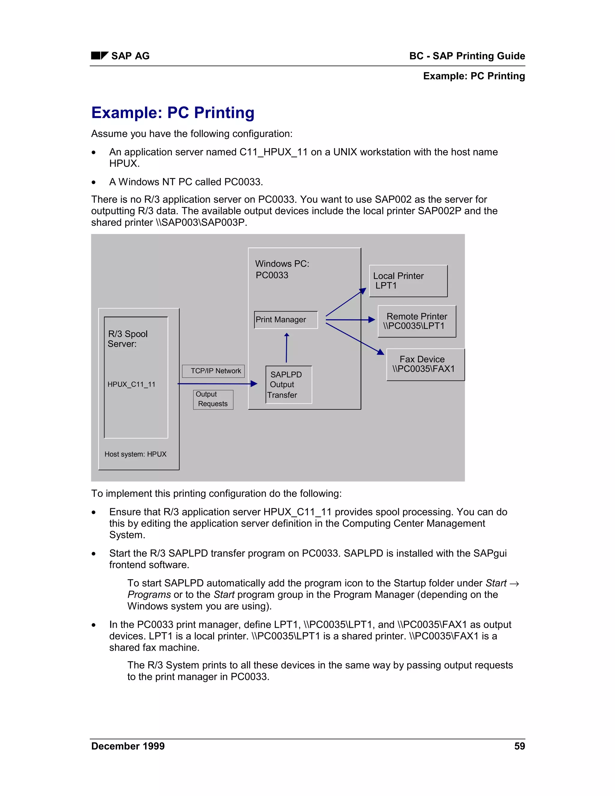 SAP AG                                                              BC - SAP Printing Guide
                                                                            Example: PC Printing


Example: PC Printing
Assume you have the following configuration:
•    An application server named C11_HPUX_11 on a UNIX workstation with the host name
     HPUX.
•    A Windows NT PC called PC0033.
There is no R/3 application server on PC0033. You want to use SAP002 as the server for
outputting R/3 data. The available output devices include the local printer SAP002P and the
shared printer SAP003SAP003P.



                                         Windows PC:
                                         PC0033                 Local Printer
                                                                LPT1


                                         Print Manager             Remote Printer
                                                                  PC0035LPT1
    R/3 Spool
    Server:
                                                                      Fax Device
                        TCP/IP Network                              PC0035FAX1
                                            SAPLPD
    HPUX_C11_11                             Output
                         Output            Transfer
                         Requests




    Host system: HPUX




To implement this printing configuration do the following:
•    Ensure that R/3 application server HPUX_C11_11 provides spool processing. You can do
     this by editing the application server definition in the Computing Center Management
     System.
•    Start the R/3 SAPLPD transfer program on PC0033. SAPLPD is installed with the SAPgui
     frontend software.
          To start SAPLPD automatically add the program icon to the Startup folder under Start →
          Programs or to the Start program group in the Program Manager (depending on the
          Windows system you are using).
•    In the PC0033 print manager, define LPT1, PC0035LPT1, and PC0035FAX1 as output
     devices. LPT1 is a local printer. PC0035LPT1 is a shared printer. PC0035FAX1 is a
     shared fax machine.
          The R/3 System prints to all these devices in the same way by passing output requests
          to the print manager in PC0033.




December 1999                                                                                     59
 