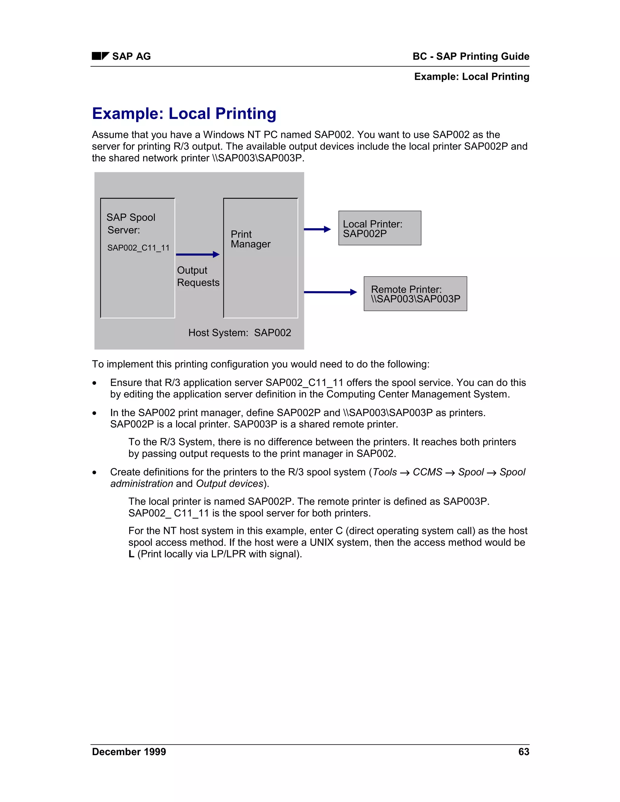SAP AG                                                              BC - SAP Printing Guide
                                                                         Example: Local Printing


Example: Local Printing
Assume that you have a Windows NT PC named SAP002. You want to use SAP002 as the
server for printing R/3 output. The available output devices include the local printer SAP002P and
the shared network printer SAP003SAP003P.




    SAP Spool
                                                        Local Printer:
    Server:                    Print                    SAP002P
    SAP002_C11_11              Manager

                    Output
                    Requests
                                                               Remote Printer:
                                                               SAP003SAP003P


                      Host System: SAP002


To implement this printing configuration you would need to do the following:
•   Ensure that R/3 application server SAP002_C11_11 offers the spool service. You can do this
    by editing the application server definition in the Computing Center Management System.
•   In the SAP002 print manager, define SAP002P and SAP003SAP003P as printers.
    SAP002P is a local printer. SAP003P is a shared remote printer.
        To the R/3 System, there is no difference between the printers. It reaches both printers
        by passing output requests to the print manager in SAP002.
•   Create definitions for the printers to the R/3 spool system (Tools → CCMS → Spool → Spool
    administration and Output devices).
        The local printer is named SAP002P. The remote printer is defined as SAP003P.
        SAP002_ C11_11 is the spool server for both printers.
        For the NT host system in this example, enter C (direct operating system call) as the host
        spool access method. If the host were a UNIX system, then the access method would be
        L (Print locally via LP/LPR with signal).




December 1999                                                                                      63
 