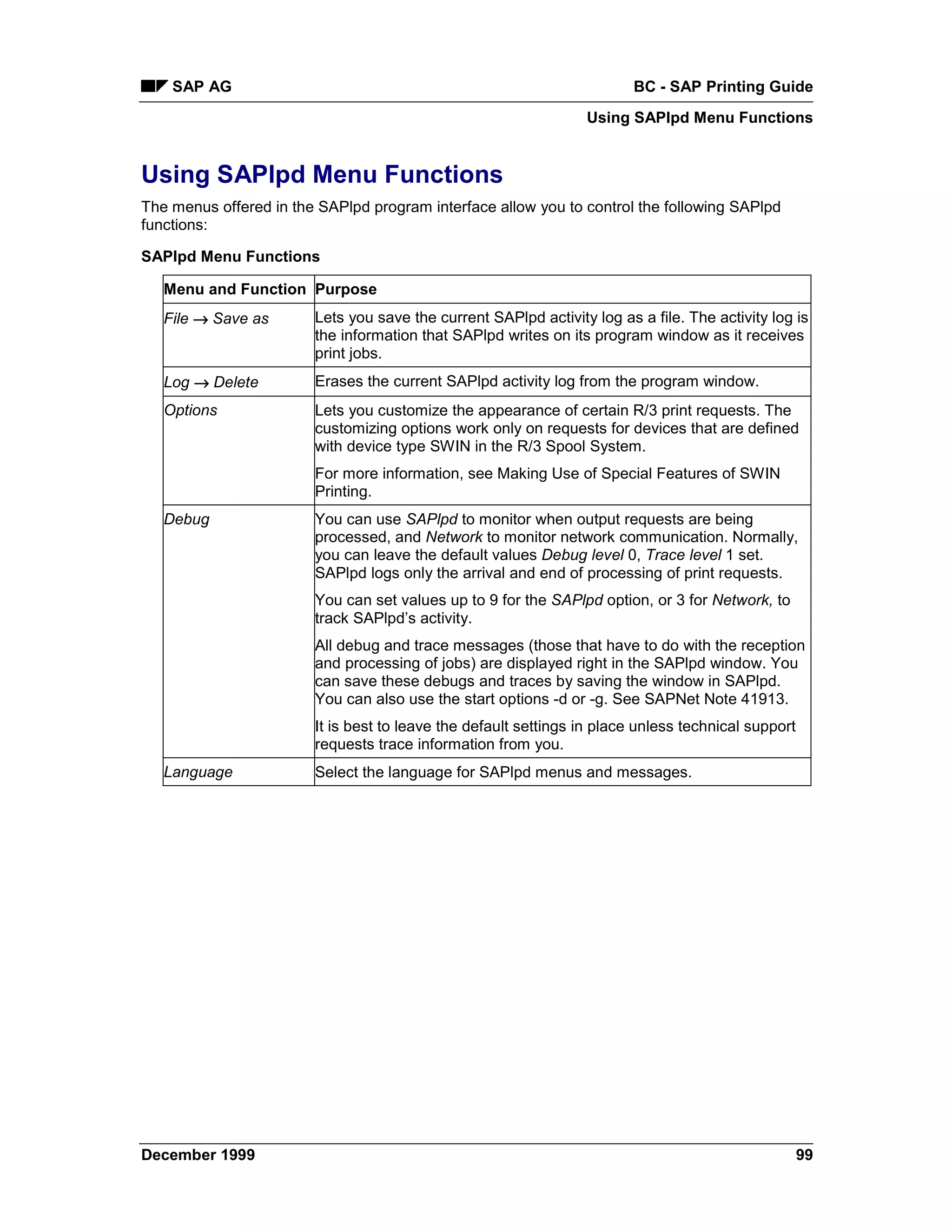 SAP AG                                                               BC - SAP Printing Guide
                                                                 Using SAPlpd Menu Functions


Using SAPlpd Menu Functions
The menus offered in the SAPlpd program interface allow you to control the following SAPlpd
functions:

SAPlpd Menu Functions

   Menu and Function Purpose
   File → Save as       Lets you save the current SAPlpd activity log as a file. The activity log is
                        the information that SAPlpd writes on its program window as it receives
                        print jobs.
   Log → Delete         Erases the current SAPlpd activity log from the program window.
   Options              Lets you customize the appearance of certain R/3 print requests. The
                        customizing options work only on requests for devices that are defined
                        with device type SWIN in the R/3 Spool System.
                        For more information, see Making Use of Special Features of SWIN
                        Printing.
   Debug                You can use SAPlpd to monitor when output requests are being
                        processed, and Network to monitor network communication. Normally,
                        you can leave the default values Debug level 0, Trace level 1 set.
                        SAPlpd logs only the arrival and end of processing of print requests.
                        You can set values up to 9 for the SAPlpd option, or 3 for Network, to
                        track SAPlpd’s activity.
                        All debug and trace messages (those that have to do with the reception
                        and processing of jobs) are displayed right in the SAPlpd window. You
                        can save these debugs and traces by saving the window in SAPlpd.
                        You can also use the start options -d or -g. See SAPNet Note 41913.
                        It is best to leave the default settings in place unless technical support
                        requests trace information from you.
   Language             Select the language for SAPlpd menus and messages.




December 1999                                                                                        99
 