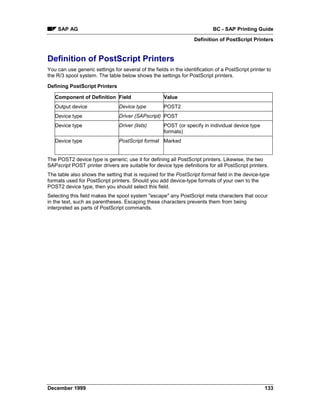 SAP AG                                                                  BC - SAP Printing Guide
                                                                   Definition of PostScript Printers


Definition of PostScript Printers
You can use generic settings for several of the fields in the identification of a PostScript printer to
the R/3 spool system. The table below shows the settings for PostScript printers.

Defining PostScript Printers

   Component of Definition Field                     Value
   Output device                Device type          POST2
   Device type                  Driver (SAPscript) POST
   Device type                  Driver (lists)       POST (or specify in individual device type
                                                     formats)
   Device type                  PostScript format Marked


The POST2 device type is generic; use it for defining all PostScript printers. Likewise, the two
SAPscript POST printer drivers are suitable for device type definitions for all PostScript printers.
The table also shows the setting that is required for the PostScript format field in the device-type
formats used for PostScript printers. Should you add device-type formats of your own to the
POST2 device type, then you should select this field.
Selecting this field makes the spool system "escape" any PostScript meta characters that occur
in the text, such as parentheses. Escaping these characters prevents them from being
interpreted as parts of PostScript commands.




December 1999                                                                                       133
 