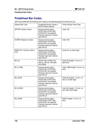 BC - SAP Printing Guide                                                                  SAP AG
Predefined Bar Codes


Predefined Bar Codes
SAP has predefined the following bar codes on the following types of printers for you:
System Bar Code                  Supported Device Types in         Technical Bar Code Type
                                 the R/3 Spool System
ARTNR: Article number            Kyocera device types              Code 128
                                 KYOF1000, KYOF1200,
                                 KYOFS150; the Hewlett-
                                 Packard LaserJet 4 device
                                 type HPLJ4
AUFNR: Request number            Kyocera device types              Code 128
                                 KYOF1000, KYOF1200,
                                 KYOFS150; the Hewlett-
                                 Packard LaserJet 4 device
                                 type HPLJ4
BARCLVS: Test bar code in        Kyocera device types              Code 39, no check digit
LVS                              KYOF1000, KYOF1200,
                                 KYOFS150; the Hewlett-
                                 Packard LaserJet 4 device
                                 type HPLJ4
BC_93                            KYOFF150, KYOFS170,               Code 93 (height: 13 mm, no
                                 HPLJ4, HPLJ5, HPLJ5SI,            plain text)
                                 HPLJ4000
BC_C128B                         Kyocera device types              Code 128B (height: 13 mm, no
                                 KYOF1000, KYOF1200,               text)
                                 KYOFS150; the Hewlett-
                                 Packard LaserJet 4 device
                                 type HPLJ4
BC_CD39                          Kyocera device types              Code 39 (height: 1.3 mm, no
                                 KYOF1000, KYOF1200,               text, no check digit)
                                 KYOFS150; the Hewlett-
                                 Packard LaserJet 4 device
                                 type HPLJ4
BC_CD39C                         Kyocera device types              Code 39 (height: 1.3 mm, no
                                 KYOF1000, KYOF1200,               text, with check digit)
                                 KYOFS150; the Hewlett-
                                 Packard LaserJet 4 device
                                 type HPLJ4
BC_EAN8                          Kyocera device types              EAN 8 (height: 13 mm, no
                                 KYOF1000, KYOF1200,               text)
                                 KYOFS150; the Hewlett-
                                 Packard LaserJet 4 device
                                 type HPLJ4




156                                                                              December 1999
 