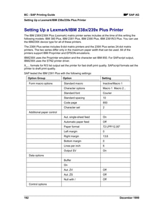 BC - SAP Printing Guide                                                                         SAP AG
Setting Up a Lexmark/IBM 238x/239x Plus Printer


Setting Up a Lexmark/IBM 238x/239x Plus Printer
The IBM 238X/239X Plus (Lexmark) matrix printer series includes at the time of this writing the
following models: IBM 380 Plus, IBM 2381 Plus, IBM 2390 Plus, IBM 2391R/3 Plus. You can use
the IBM239X device type for all of these printers.
The 238X Plus series includes 9-dot matrix printers and the 239X Plus series 24-dot matrix
printers. The two series differ only in the maximum paper width that can be used. All of the
printers support IBM Proprinter and EPSON emulations.
IBM239X uses the Proprinter emulation and the character set IBM 850. For SAPscript output,
IBM239X uses the STN2 printer driver.
X_... formats for R/3 list output set the printer for fast draft print quality. SAPscript formats set the
printer to draft print quality.
SAP tested the IBM 2391 Plus with the following settings:
   Option Group                    Option                              Setting
      Form macro options            Standard macro                      Inactive/Macro 1
                                    Character options                   Macro 1 Macro 2...
                                    Standard font                       Courier
                                    Standard spacing                    10
                                    Code page                           850
                                    Character set                       2
      Additional paper control
                                    Aut. single-sheet feed              On
                                    Automatic paper feed                Off
                                    Paper format                        72 LPP/12,00"
                                    Left margin                         0
                                    Right margin                        13,6
                                    Bottom margin                       0
                                    Lines per inch                      6
                                    Output SV                           On
      Data options
                                    Buffer
                                    On
                                    Aut. ZV                             Off
                                    Aut. ZS                             Off
                                    Null with /                         Off
      Control options




192                                                                                     December 1999
 