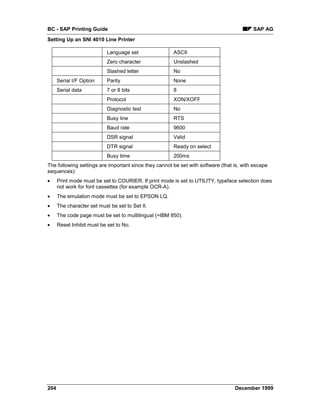 BC - SAP Printing Guide                                                                   SAP AG
Setting Up an SNI 4010 Line Printer

                            Language set               ASCII
                            Zero character             Unslashed
                            Slashed letter             No
      Serial I/F Option     Parity                     None
      Serial data           7 or 8 bits                8
                            Protocol                   XON/XOFF
                            Diagnostic test            No
                            Busy line                  RTS
                            Baud rate                  9600
                            DSR signal                 Valid
                            DTR signal                 Ready on select
                            Busy time                  200ms
The following settings are important since they cannot be set with software (that is, with escape
sequences):
•     Print mode must be set to COURIER. If print mode is set to UTILITY, typeface selection does
      not work for font cassettes (for example OCR-A).
•     The emulation mode must be set to EPSON LQ.
•     The character set must be set to Set II.
•     The code page must be set to multilingual (=IBM 850).
•     Reset Inhibit must be set to No.




204                                                                               December 1999
 