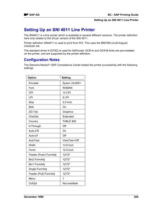 SAP AG                                                                 BC - SAP Printing Guide
                                                               Setting Up an SNI 4011 Line Printer


Setting Up an SNI 4011 Line Printer
The SNI4011 is a line printer which is available in several different versions. The printer definition
here only relates to the 24-pin version of the SNI 4011.
Printer definition SNI4011 is used to print from R/3. This uses the IBM 850 (multi-lingual)
character set.
The standard driver II (STN2) is used for SAPscript. OCR-A and OCR-B fonts are pre-installed
on the printer, and are supported by the printer definition.

Configuration Notes
The Siemens-Nixdorf / SAP Competence Center tested the printer successfully with the following
settings:


   Option                        Setting

    Emulate                       Epson LQ-850+
    Font                          ROMAN
    CPI                           10 CPI
    LPI                           6 LPI
    Skip                          0.0 Inch
    Bidir                         On
    ZG-Tab                        Graphics
    CharSet                       Extended
    Country                       TABLE 850
    0-Through                     Off
    Auto-CR                       On
    Auto-LF                       Off
    AutoTear                      ViewTear=Off
    Width                         13.6 Inch
    Forml                         12.0 Inch
    Feeder (Push) FormAdj         12/72"
    Bin2 FormAdj                  12/72"
    Bin1 FormAdj                  12/72"
    Single FormAdj                12/72"
    Feeder (Pull) FormAdj         12/72"
    Menu                          1
    ColOpt                        Not available




December 1999                                                                                     205
 