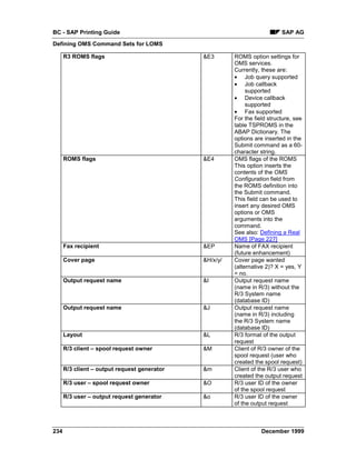 BC - SAP Printing Guide                                                    SAP AG
Defining OMS Command Sets for LOMS

      R3 ROMS flags                           &E3       ROMS option settings for
                                                        OMS services.
                                                        Currently, these are:
                                                        • Job query supported
                                                        • Job callback
                                                             supported
                                                        • Device callback
                                                             supported
                                                        • Fax supported
                                                        For the field structure, see
                                                        table TSPROMS in the
                                                        ABAP Dictionary. The
                                                        options are inserted in the
                                                        Submit command as a 60-
                                                        character string.
      ROMS flags                              &E4       OMS flags of the ROMS
                                                        This option inserts the
                                                        contents of the OMS
                                                        Configuration field from
                                                        the ROMS definition into
                                                        the Submit command.
                                                        This field can be used to
                                                        insert any desired OMS
                                                        options or OMS
                                                        arguments into the
                                                        command.
                                                        See also: Defining a Real
                                                        OMS [Page 227]
      Fax recipient                           &EP       Name of FAX recipient
                                                        (future enhancement)
      Cover page                              &H/x/y/   Cover page wanted
                                                        (alternative 2)? X = yes, Y
                                                        = no.
      Output request name                     &I        Output request name
                                                        (name in R/3) without the
                                                        R/3 System name
                                                        (database ID)
      Output request name                     &J        Output request name
                                                        (name in R/3) including
                                                        the R/3 System name
                                                        (database ID)
      Layout                                  &L        R/3 format of the output
                                                        request
      R/3 client – spool request owner        &M        Client of R/3 owner of the
                                                        spool request (user who
                                                        created the spool request)
      R/3 client – output request generator   &m        Client of the R/3 user who
                                                        created the output request
      R/3 user – spool request owner          &O        R/3 user ID of the owner
                                                        of the spool request
      R/3 user – output request generator     &o        R/3 user ID of the owner
                                                        of the output request



234                                                                December 1999
 