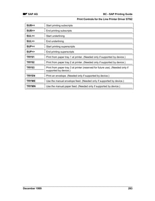 SAP AG                                                            BC - SAP Printing Guide
                                              Print Controls for the Line Printer Driver STN2

  SUB<<         Start printing subscripts

  SUB>>         End printing subscripts

  SUL<<         Start underlining

  SUL>>         End underlining

  SUP<<         Start printing superscripts

  SUP>>         End printing superscripts

  TRY01         Print from paper tray 1 at printer. (Needed only if supported by device.)

  TRY02         Print from paper tray 2 at printer. (Needed only if supported by device.)

  TRY03         Print from paper tray 3 at printer (reserved for future use). (Needed only if
                supported by device.)

  TRYEN         Print an envelope. (Needed only if supported by device.)

  TRYME         Use the manual envelope feed. (Needed only if supported by device.)

  TRYMN         Use the manual paper feed. (Needed only if supported by device.)




December 1999                                                                               283
 