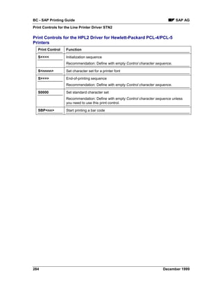 BC - SAP Printing Guide                                                            SAP AG
Print Controls for the Line Printer Driver STN2

Print Controls for the HPL2 Driver for Hewlett-Packard PCL-4/PCL-5
Printers
   Print Control   Function

   S<<<<           Initialization sequence
                   Recommendation: Define with empty Control character sequence.

   S<nnnn>         Set character set for a printer font

   S>>>>           End-of-printing sequence
                   Recommendation: Define with empty Control character sequence.

   S0000           Set standard character set
                   Recommendation: Define with empty Control character sequence unless
                   you need to use this print control.

   SBP<nn>         Start printing a bar code




284                                                                       December 1999
 